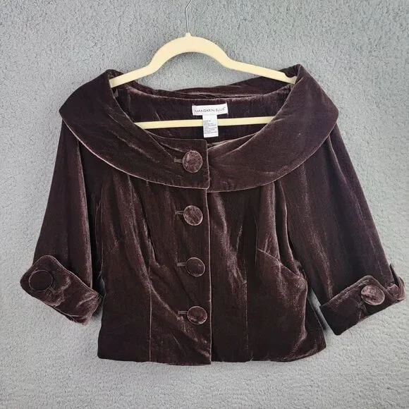 Mandarin Blue Jacket Womens 6 Chocolate Brown Velvet Crop Jackie Kennedy Retro - Picture 2 of 10